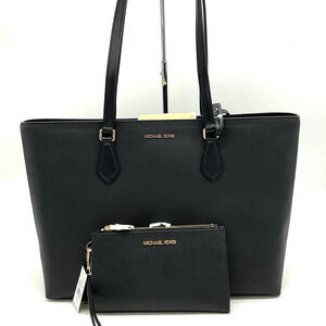 Michael Kors Bag Large Sheila Mf Tote Bag & Large Double Zip Wallet Black/Gold